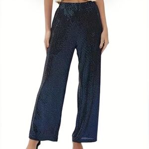 High Waist Sparkly Sequins Wide Leg Pants Y2K Trousers, Size S